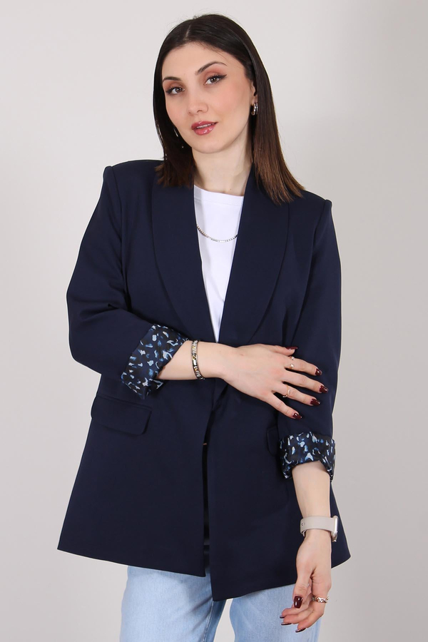 Lacivert Atlas Kumaş Leopar Astarlı Blazer Ceket