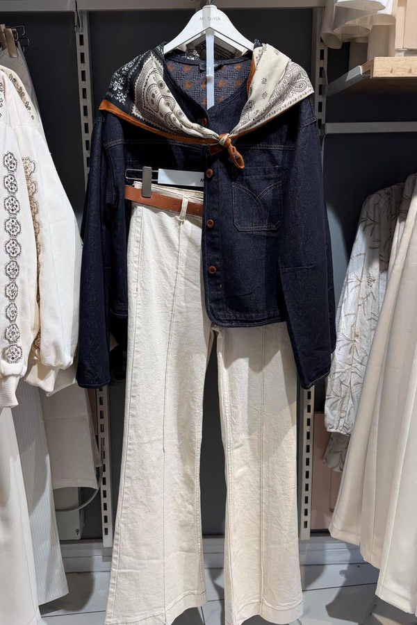 Lacivert Fularlı Denim Mont