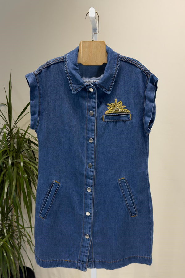 Lacivert Güneş Taşlı Tencel Denim Elbise