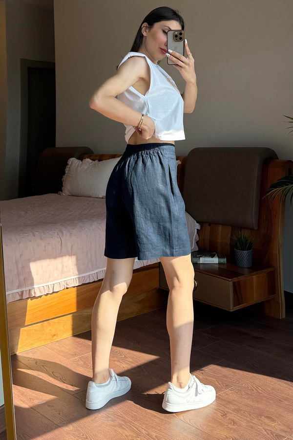 Lacivert Keten Şort