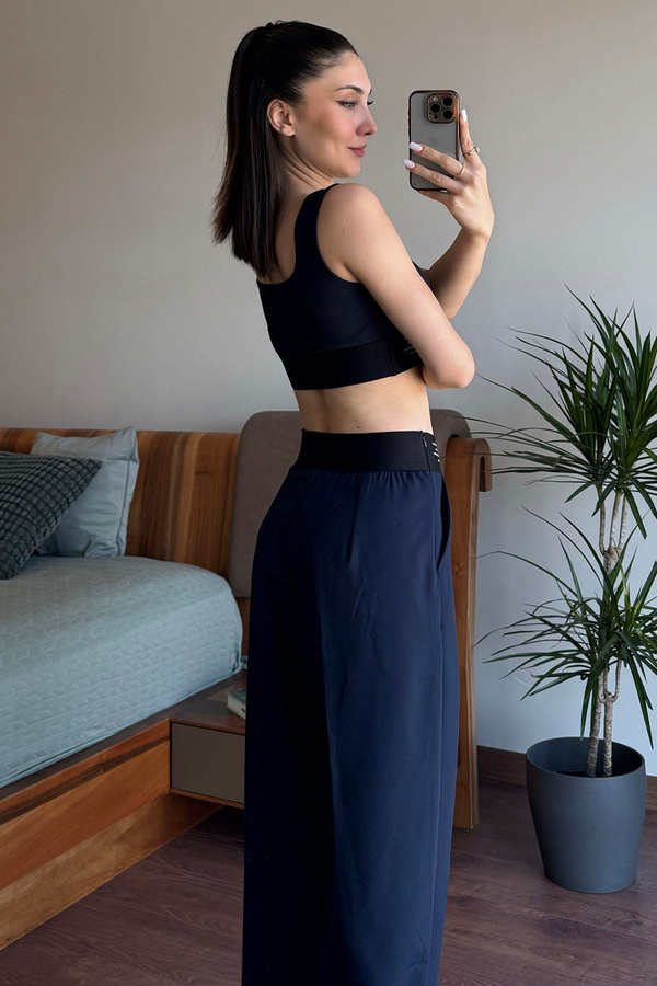 Lacivert Lastik Detaylı Crop Top Atlet