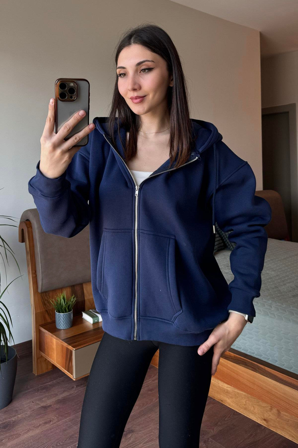 Lacivert Oversize Kapüşonlu Fermuarlı Hoodie