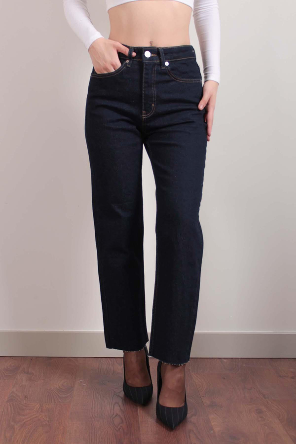 Lacivert Paça Kesik Boyfit Jean