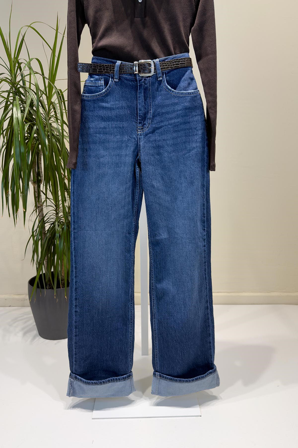 Lacivert Straight Wide Leg Paça Katlamalı Pantolon