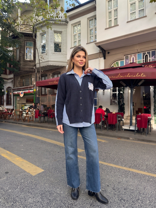Lacivert Triko Garnili Oversize Gömlek