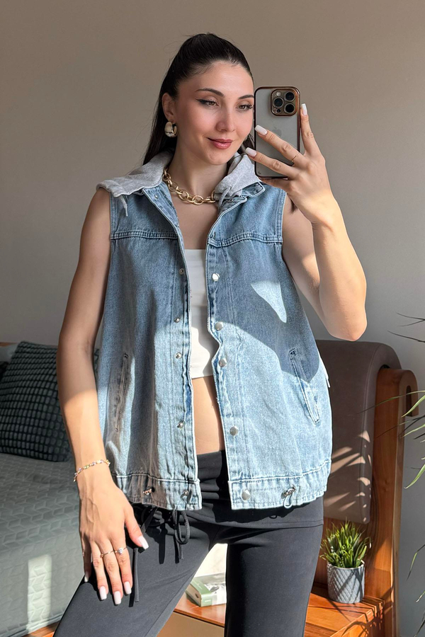 Mavi Kapüşonlu Denim Yelek