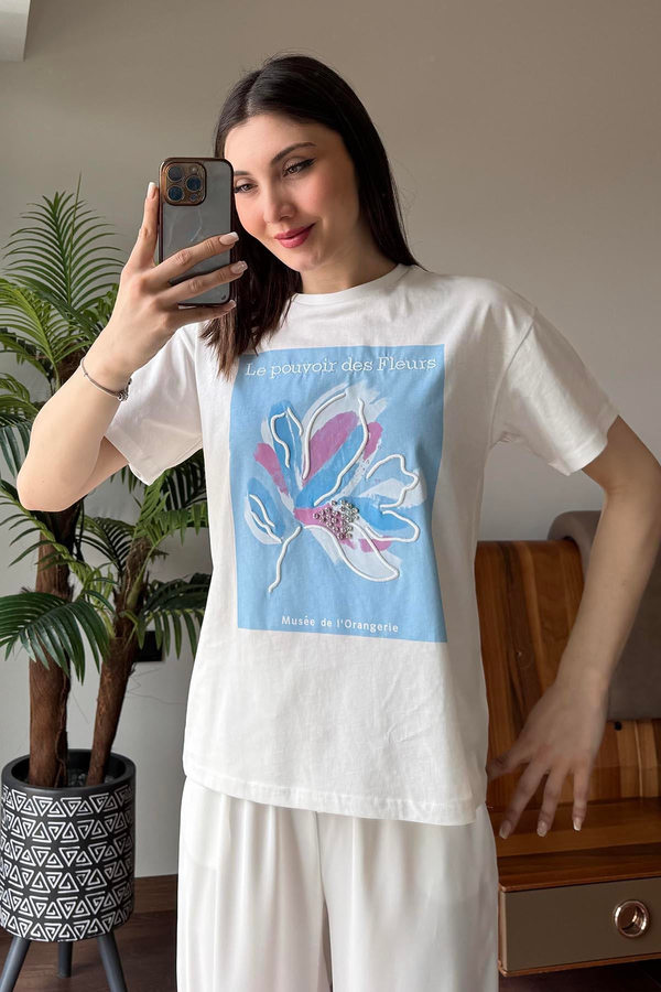 Mavi Le Pouvoir des Fleurs Baskılı T Shirt