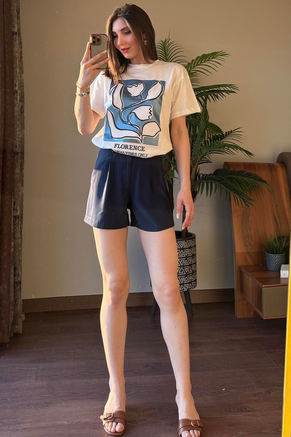 Mavi Palmiye Baskılı T Shirt