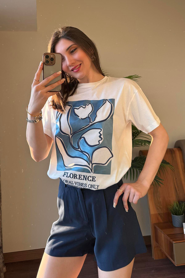 Mavi Palmiye Baskılı T Shirt