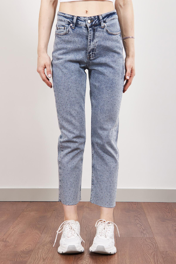 Mavi Serpme Taşlı Mom Fit Jean