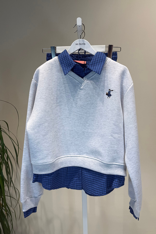 Melanj Gri Küçük Kız İşlemeli Sweatshirt