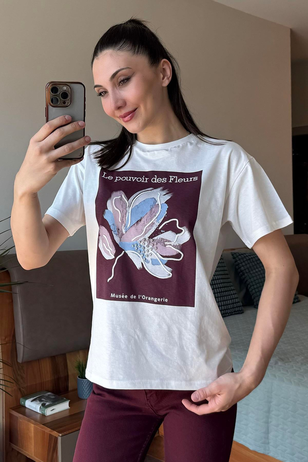 Mürdüm Le Pouvoir des Fleurs Baskılı T Shirt