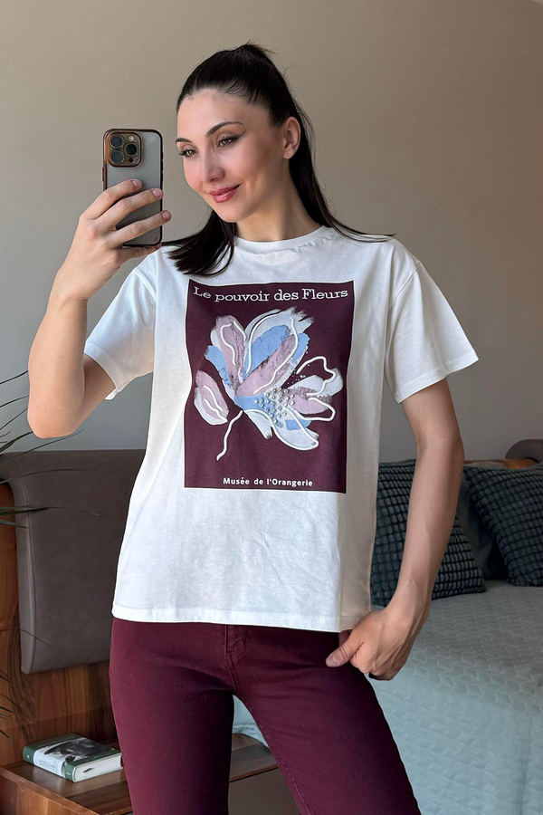 Mürdüm Le Pouvoir des Fleurs Baskılı T Shirt