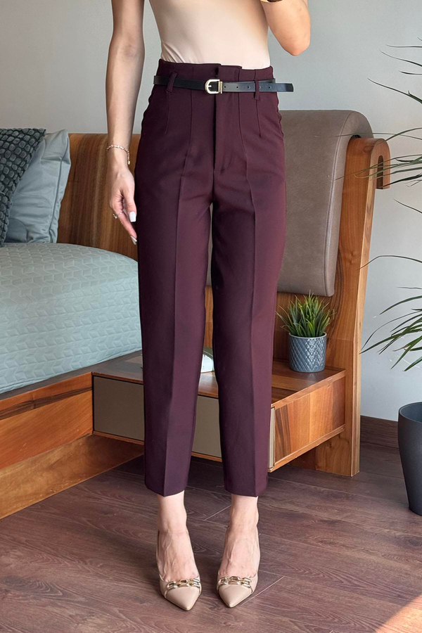 Mürdüm Önü Flatolu Kemerli Pantolon