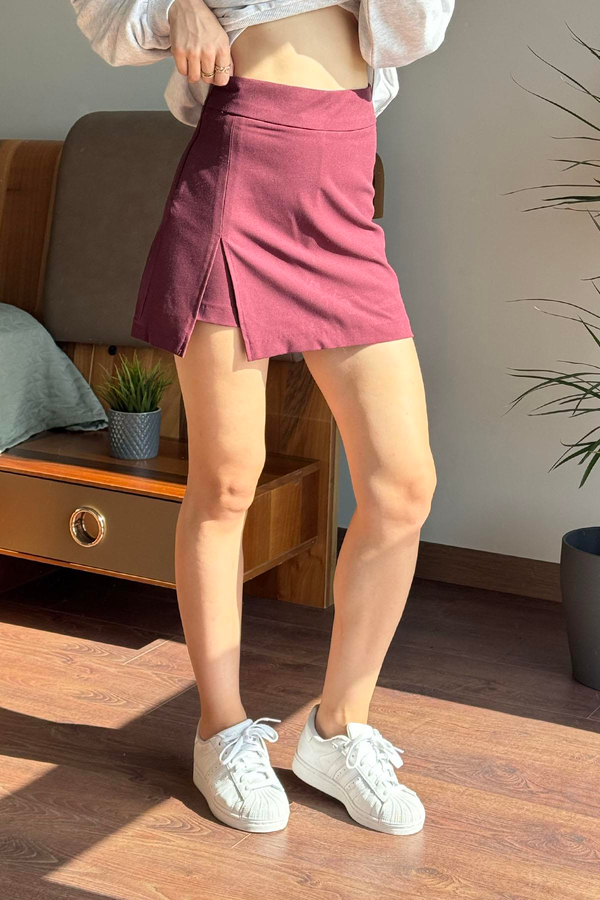 Mürdüm Tek Yırtmaçlı Çan Kesim Mini Şort  Etek