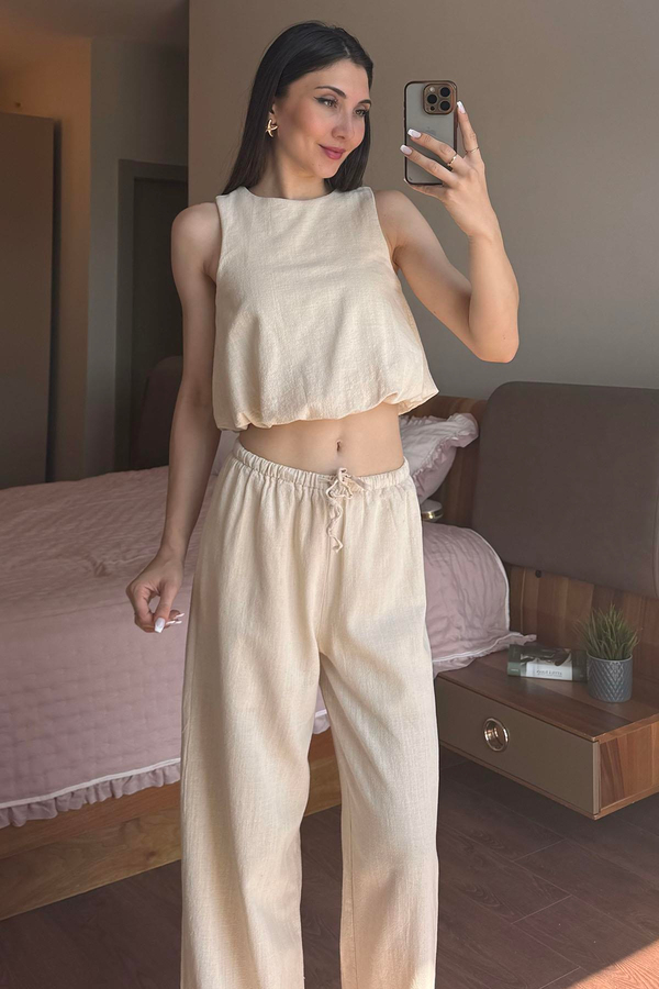 Naturel Keten Pantolonlu Takım