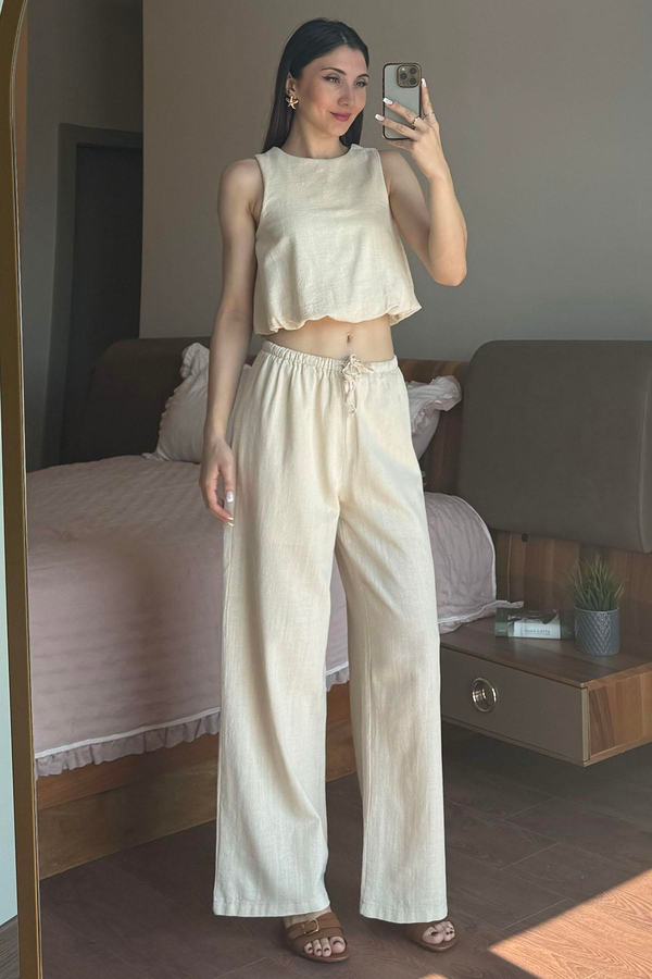 Naturel Keten Pantolonlu Takım
