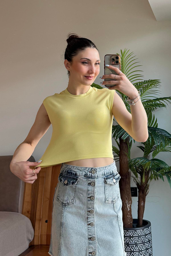 Neon Sarı Sıfır Kol Modal Karışımlı Crop
