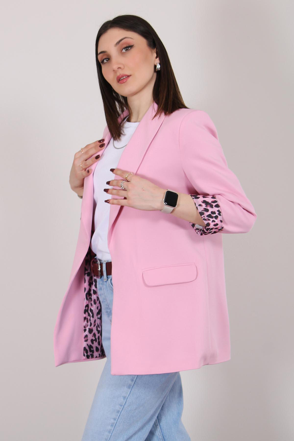Pembe Atlas Kumaş Leopar Astarlı Blazer Ceket