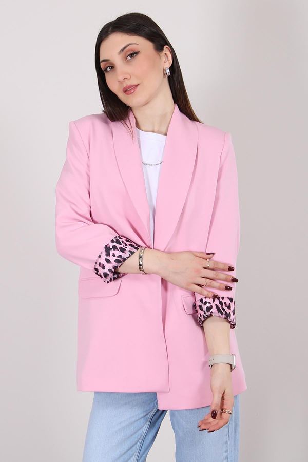 Pembe Atlas Kumaş Leopar Astarlı Blazer Ceket