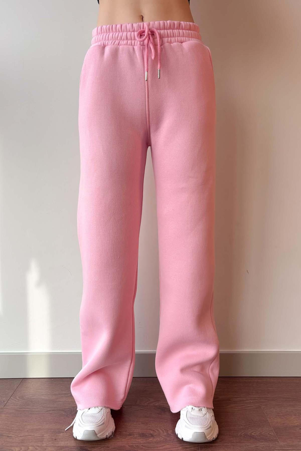 Pembe Beli Lastikli Üç İplik İçi Polarlı Geniş Kesim Palazzo Eşofman Altı