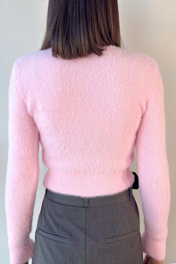 Pembe Bisiklet Yaka Yumoş Crop Kazak