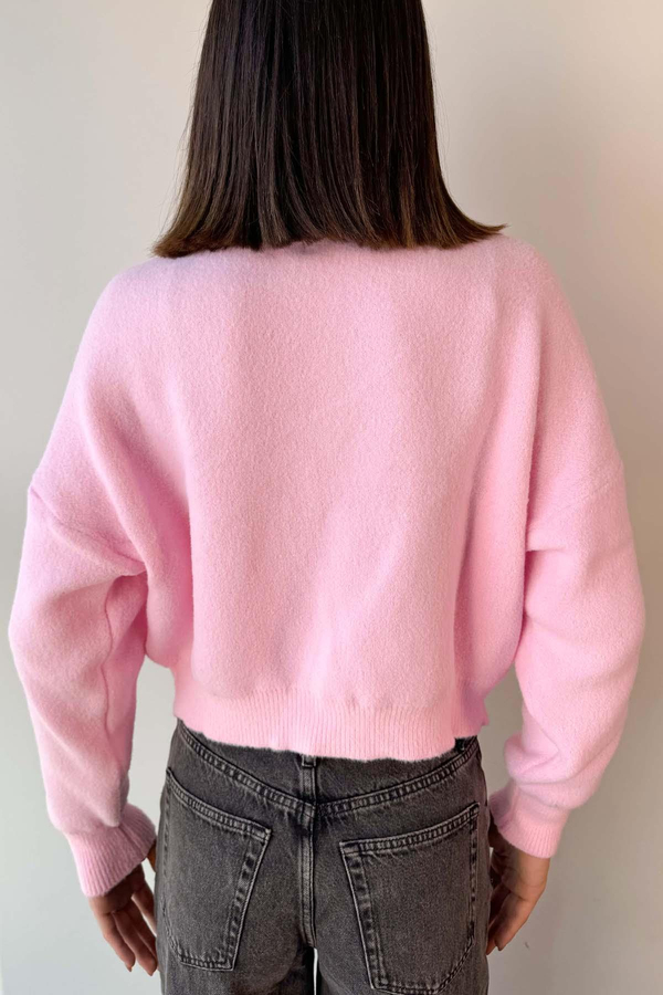 Pembe Bisiklet Yaka Yumoş Crop Kazak