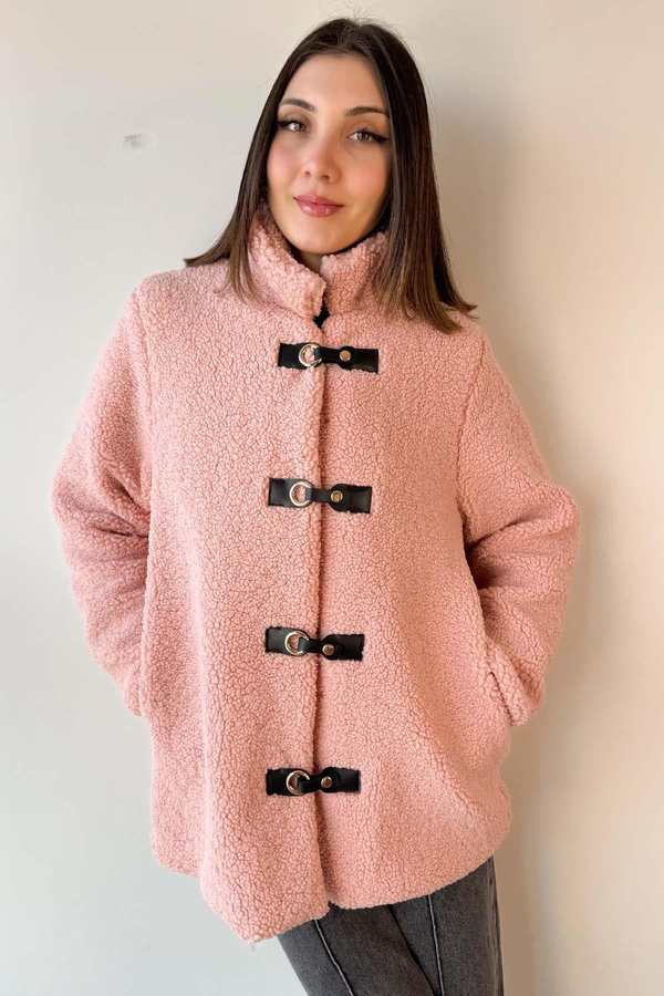 Pembe Deri Detaylı Astarlı Teddy Mont