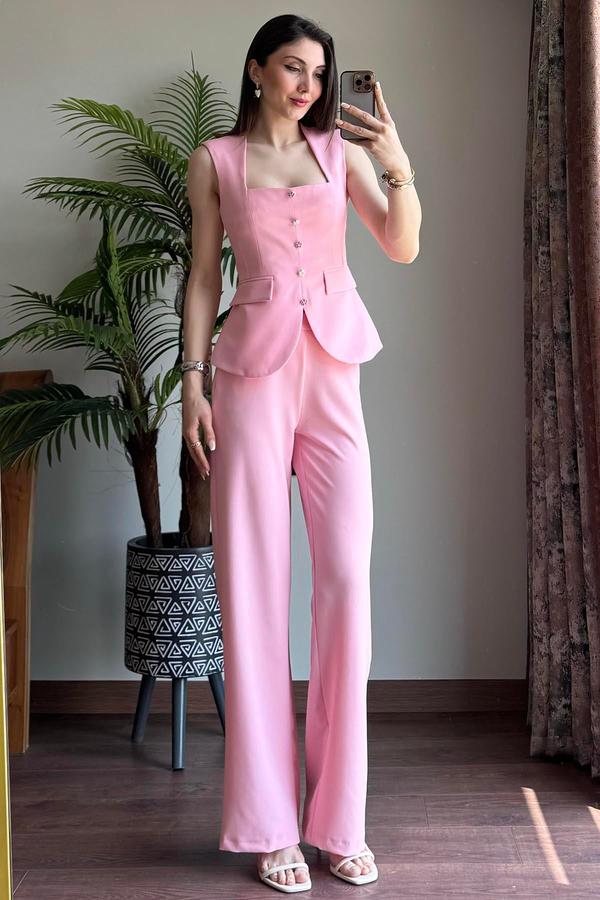 Pembe Dikdörtgen Yakalı İnci Düğmeli Yelek Pantolon Takım