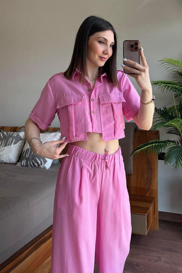 Pembe Döküm Cep Detaylı Pera Keten Gömlek Pantolon Takım