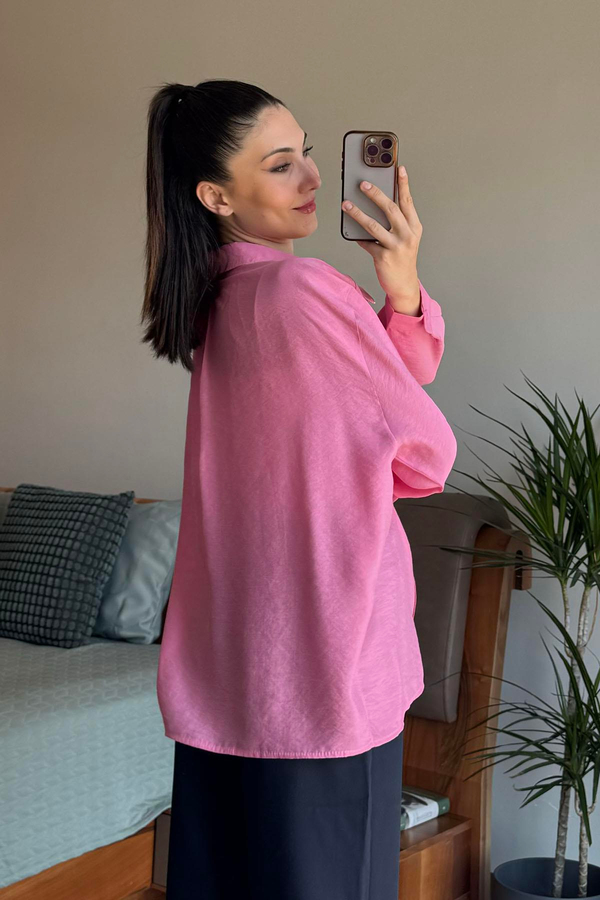 Pembe Düşük Omuzlu Oversize Gömlek