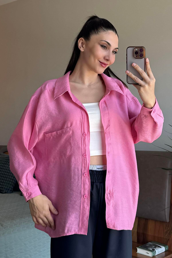 Pembe Düşük Omuzlu Oversize Gömlek
