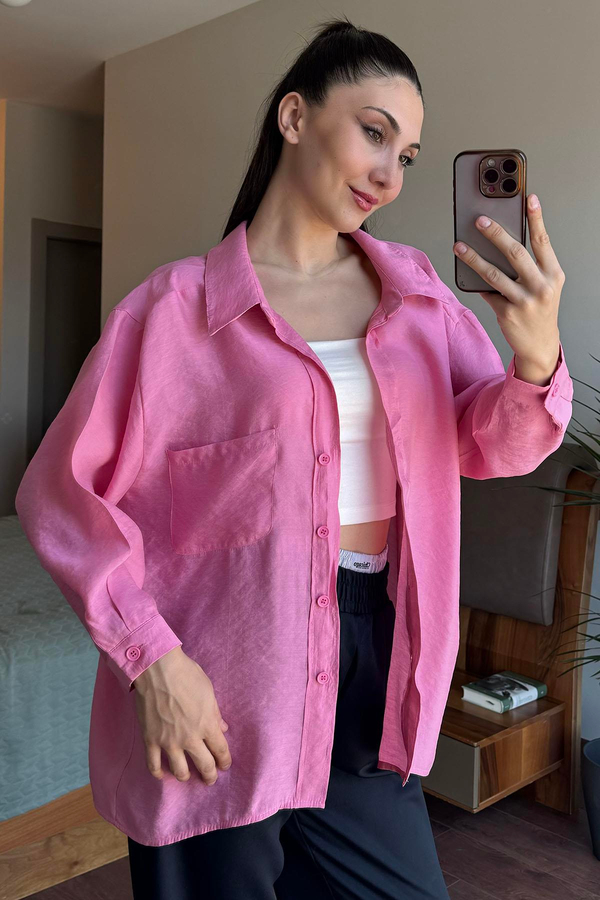 Pembe Düşük Omuzlu Oversize Gömlek