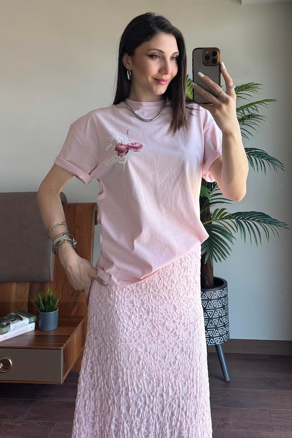 Pembe Kiraz Baskılı T Shirt