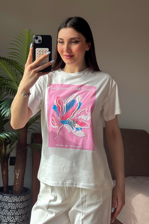 Pembe Le Pouvoir des Fleurs Baskılı T Shirt