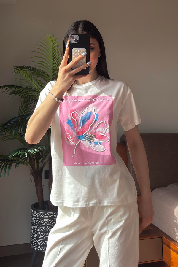 Pembe Le Pouvoir des Fleurs Baskılı T Shirt