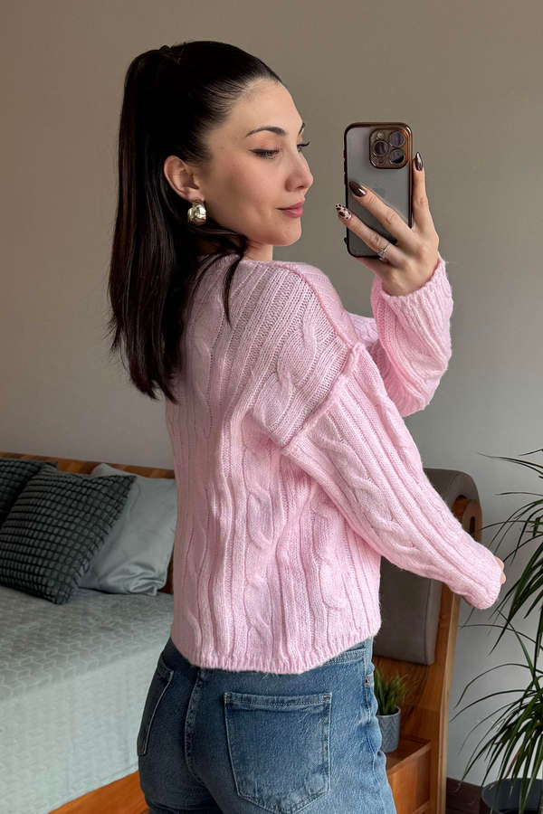 Pembe Olivia Saç Örgülü Triko Kazak
