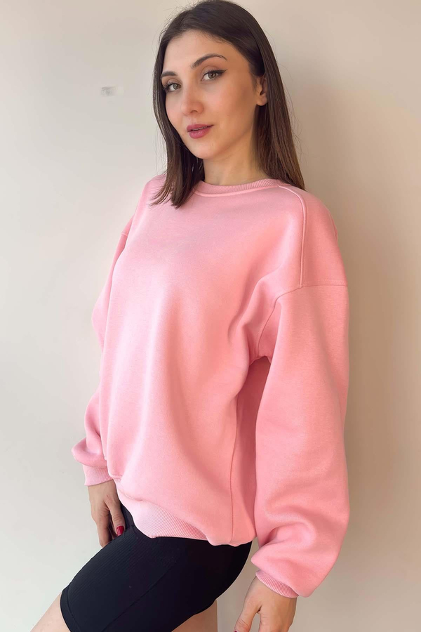 Pembe Oversize Bisiklet Yaka İçi Şardonlu Üç İplik Sweatshirt