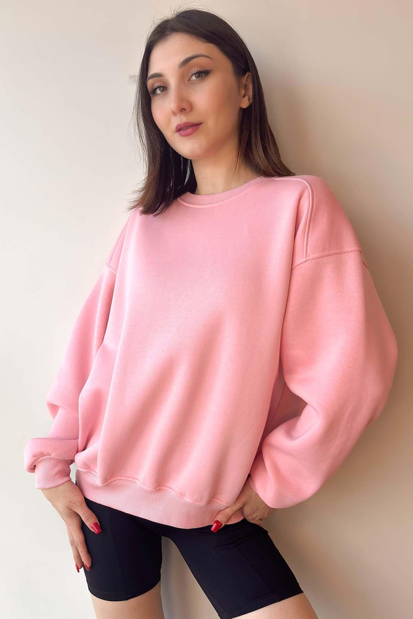Pembe Oversize Bisiklet Yaka İçi Şardonlu Üç İplik Sweatshirt