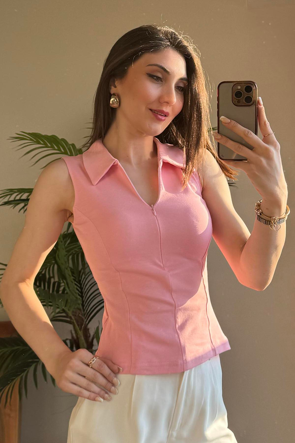Pembe Polo Yaka Fermuarlı T Shirt