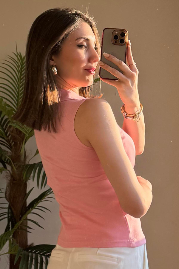 Pembe Polo Yaka Fermuarlı T Shirt