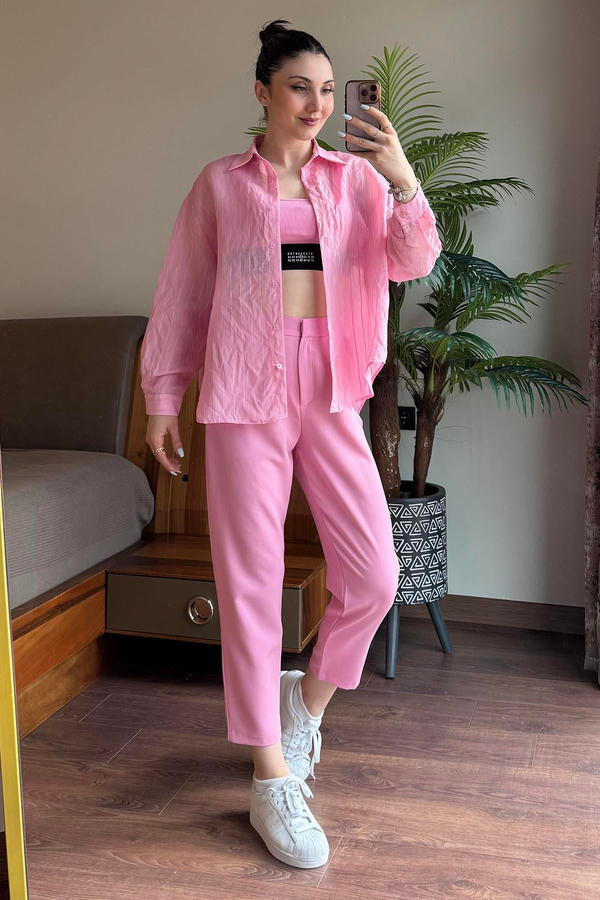 Pembe Transparan Çizgili Gömlek