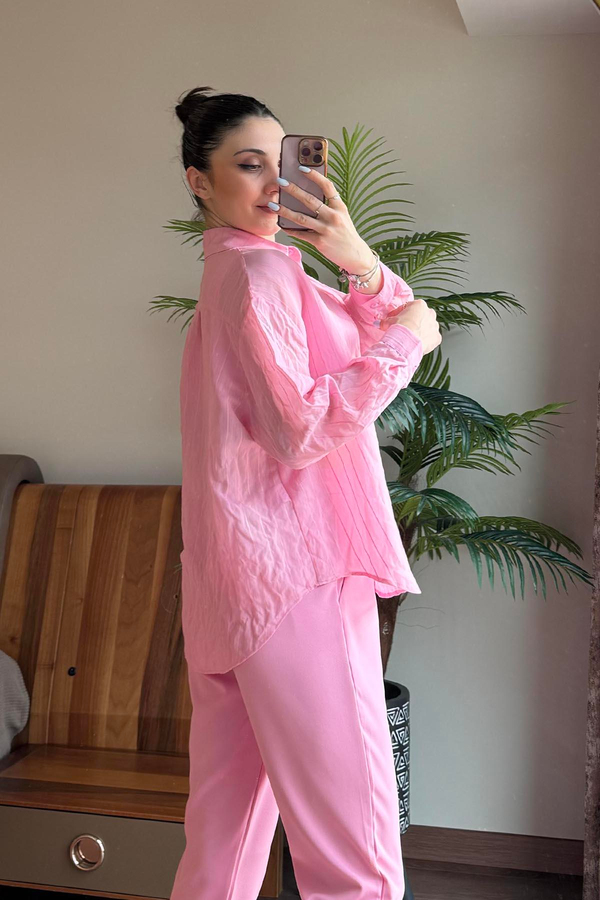 Pembe Transparan Çizgili Gömlek