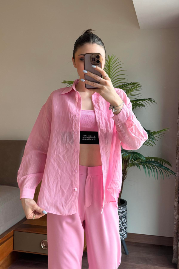 Pembe Transparan Çizgili Gömlek