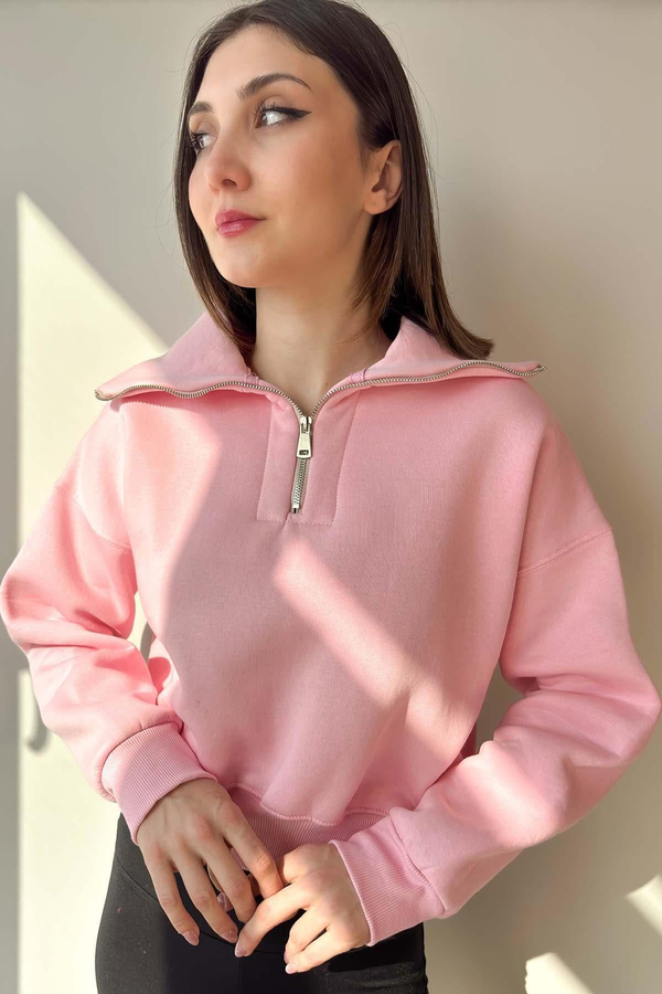 Pembe Yaka Detaylı Crop Sweatshirt