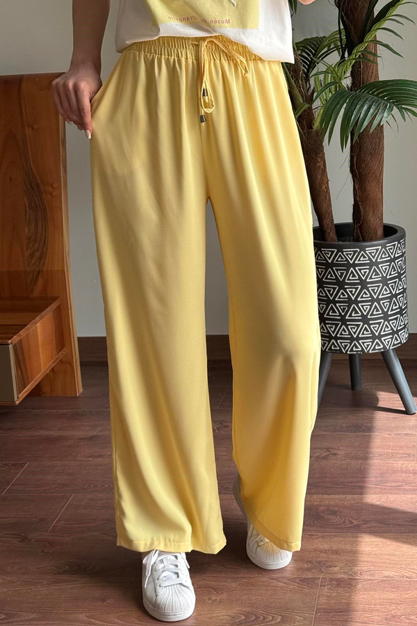 Sarı Beli Lastikli Bol Paça Pantolon