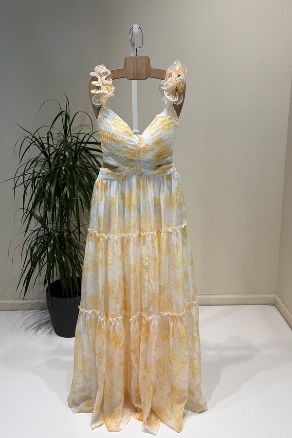 Sarı Çiçek Desenli Maxi Elbise