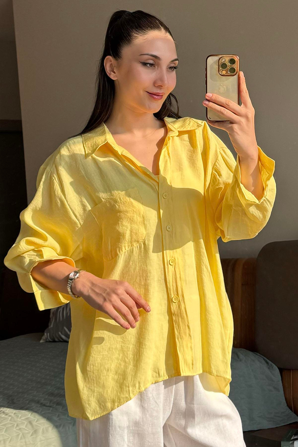 Sarı Düşük Omuzlu Oversize Gömlek
