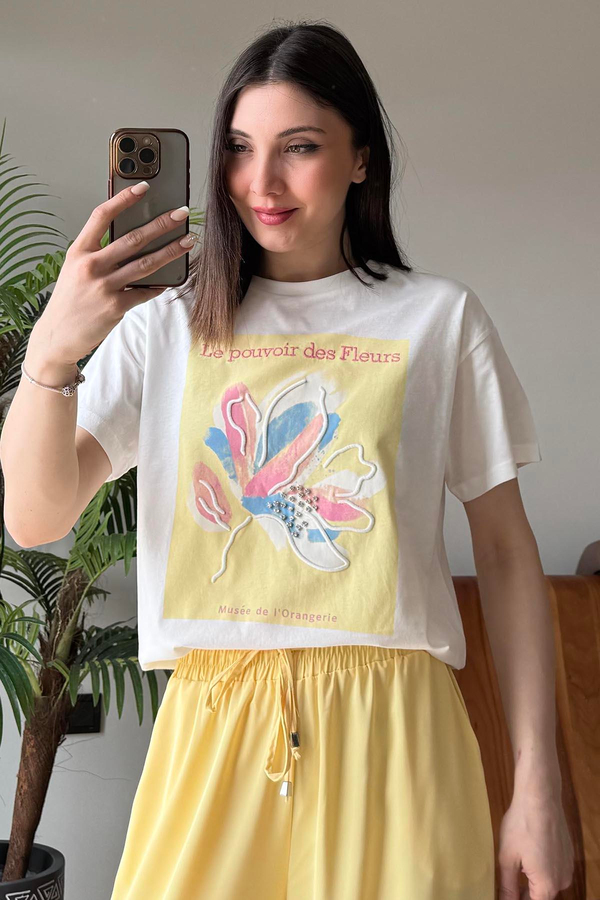 Sarı Le Pouvoir des Fleurs Baskılı T Shirt