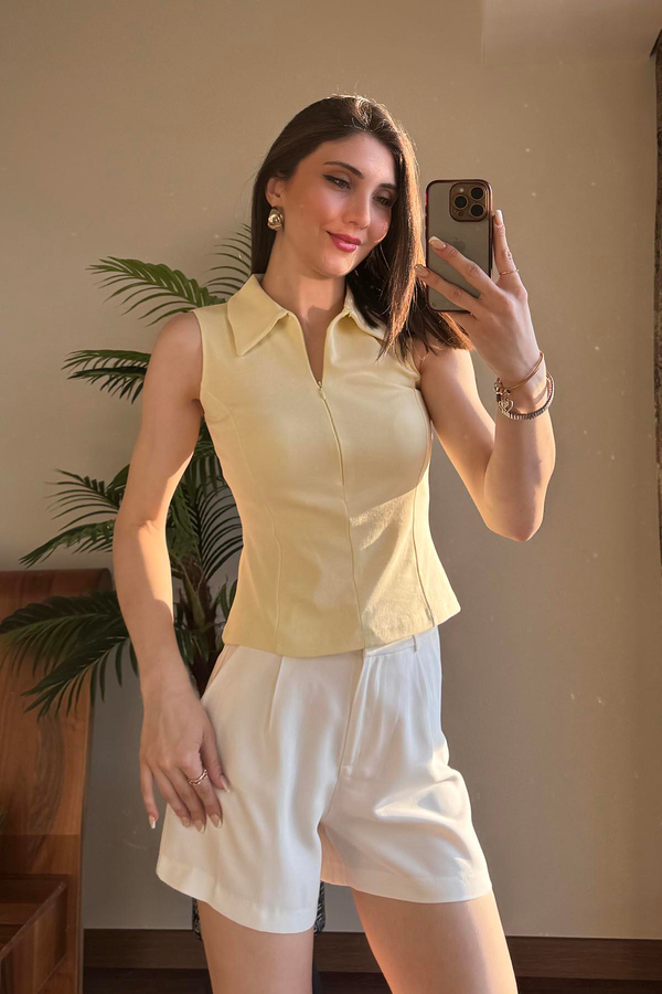 Sarı Polo Yaka Fermuarlı T Shirt